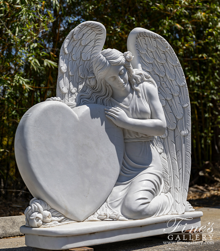 Marble Memorials  - White Marble Angel Hearth Monu - MEM-485